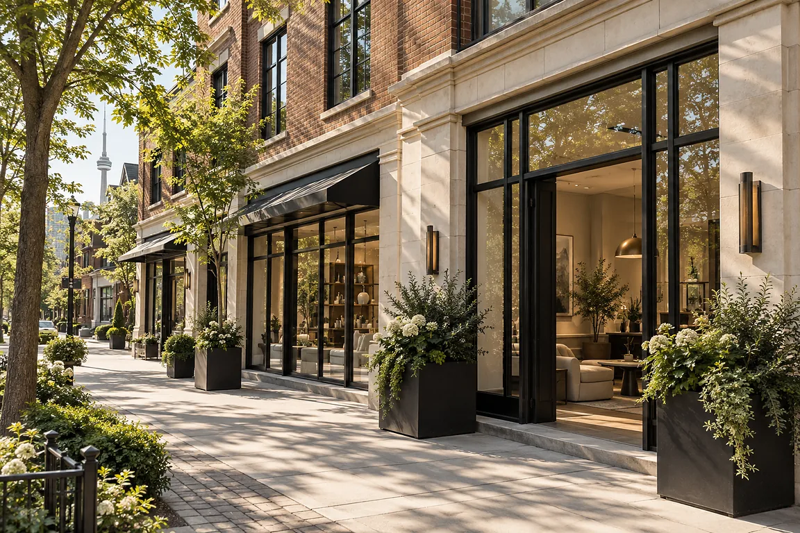 Brick and limestone commercial storefronts on a tree-lined Toronto street