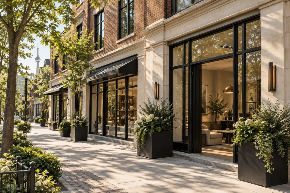 Brick and limestone commercial storefronts on a tree-lined street