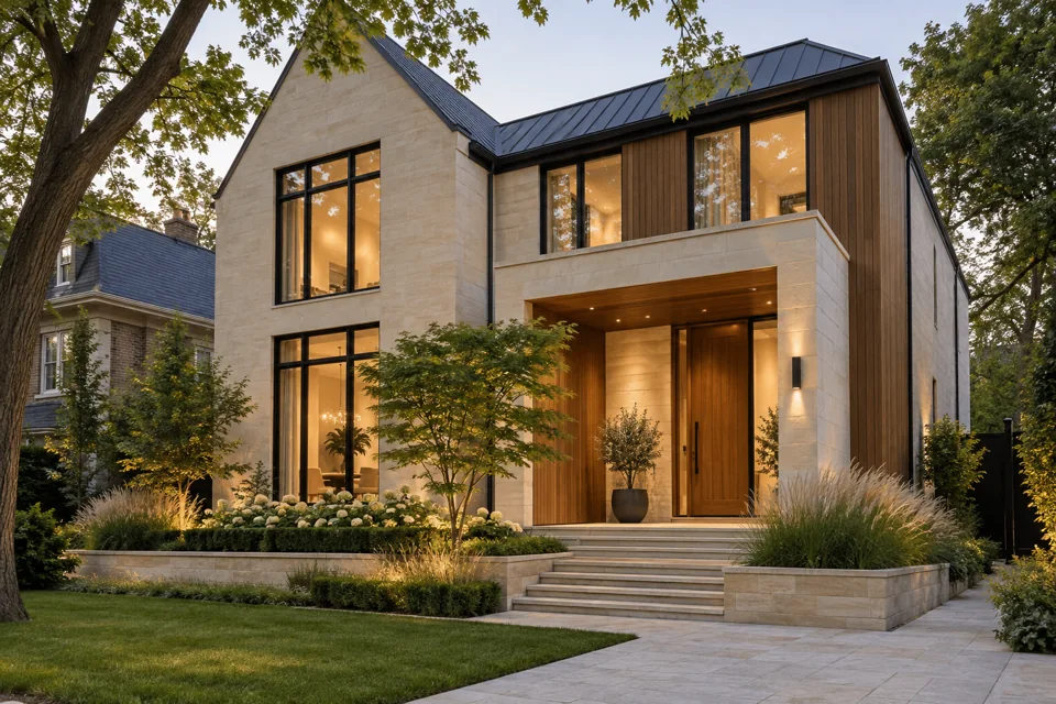 Refined limestone and timber home with landscaped front garden
