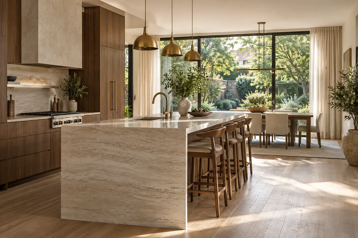 Renovated kitchen with walnut cabinetry and a travertine island