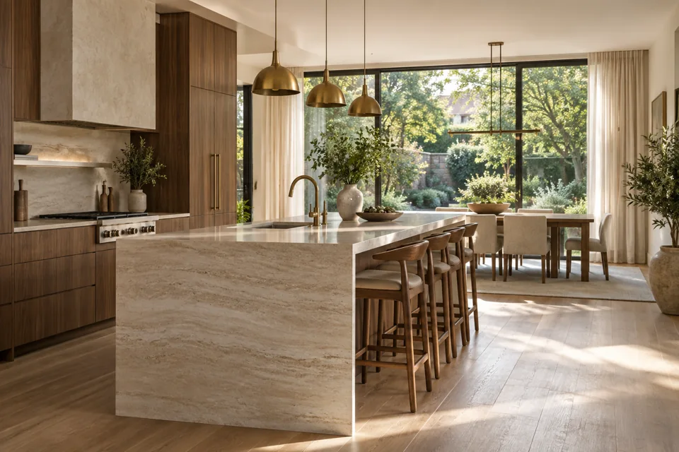 Renovated kitchen with walnut cabinetry and a travertine island