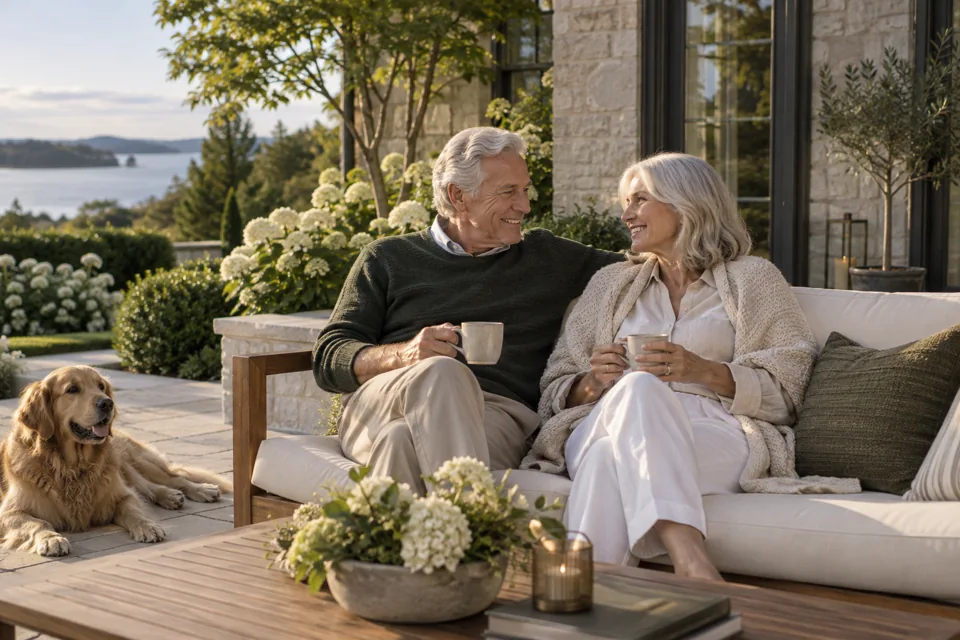 Older couple relaxing on a landscaped stone terrace
